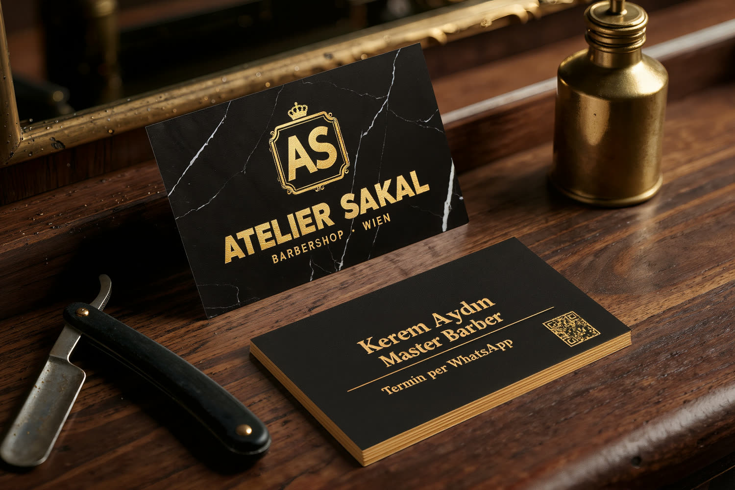Visitenkarte Konzept Atelier Sakal Barbershop: schwarzer Marmor mit Goldfolie und Monogramm, Rückseite mattschwarz mit Goldschnitt